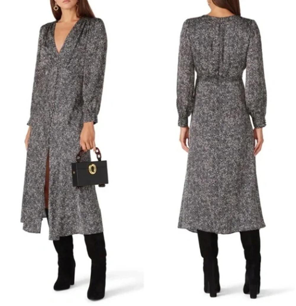 Pinko Lindo Black Ivory Abstract Print Midi Dress V-Neck Long Sleeve Italy US10